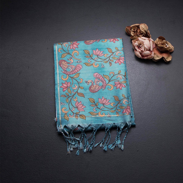 Raw Silk Peacock Blue Zari Checked Saree And Printed Border
