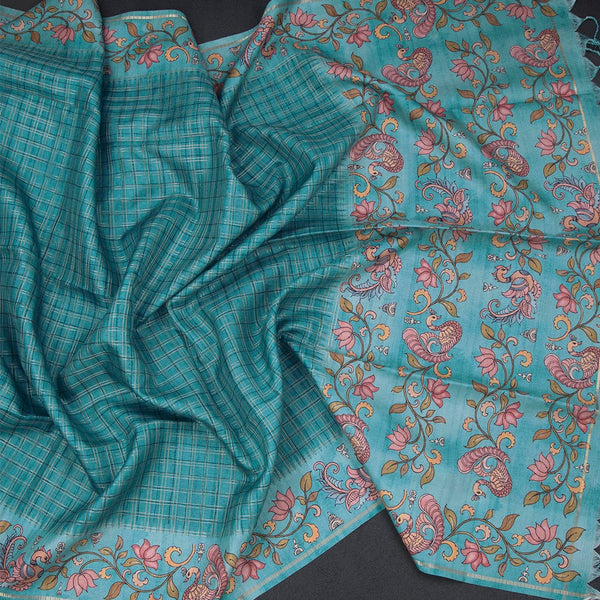 Raw Silk Peacock Blue Zari Checked Saree And Printed Border
