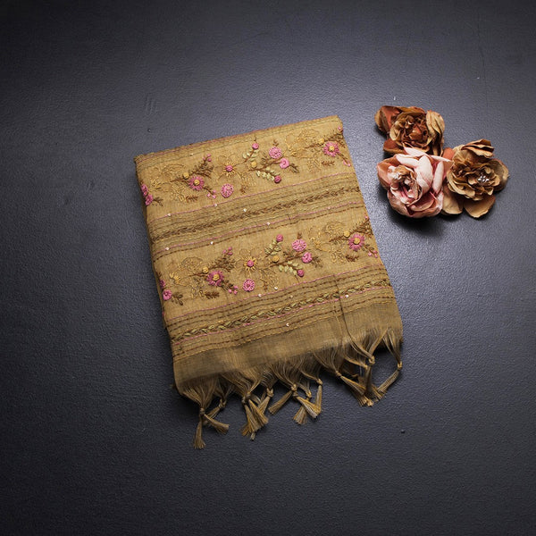 Linen Gold Floral Thread Work Saree