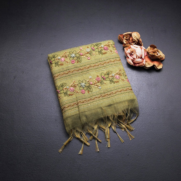 Linen Lime Green Floral Thread Work Saree