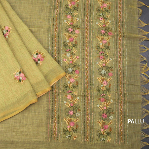 Linen Lime Green Floral Thread Work Saree