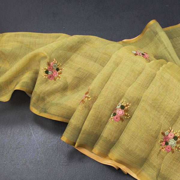 Linen Lime Green Floral Thread Work Saree
