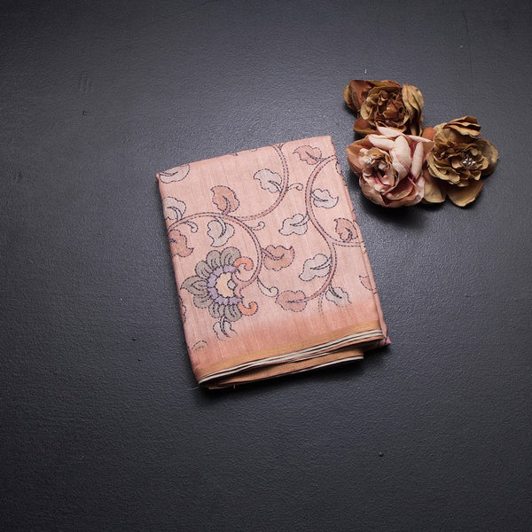 Semi Raw Silk Peach Printed Saree With Floral Creeper Design 02