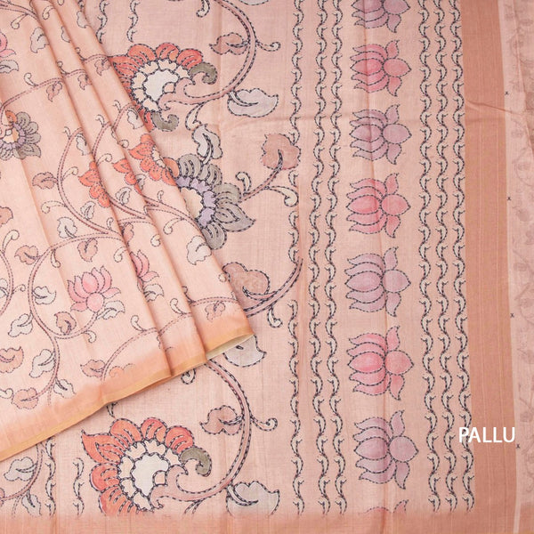 Semi Raw Silk Peach Printed Saree With Floral Creeper Design 02