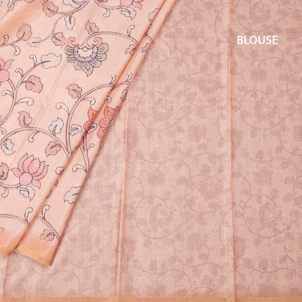 Semi Raw Silk Peach Printed Saree With Floral Creeper Design 02