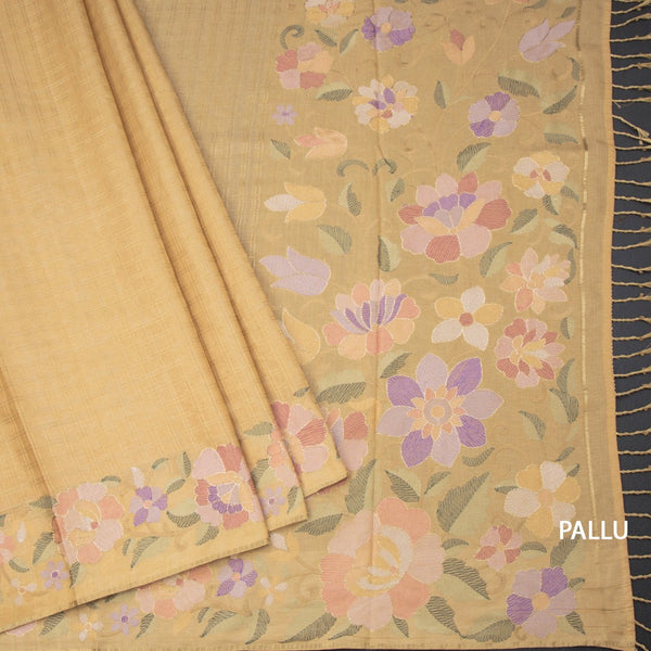 Raw Silk Sandal Zari Checked Saree And Floral Thread Border