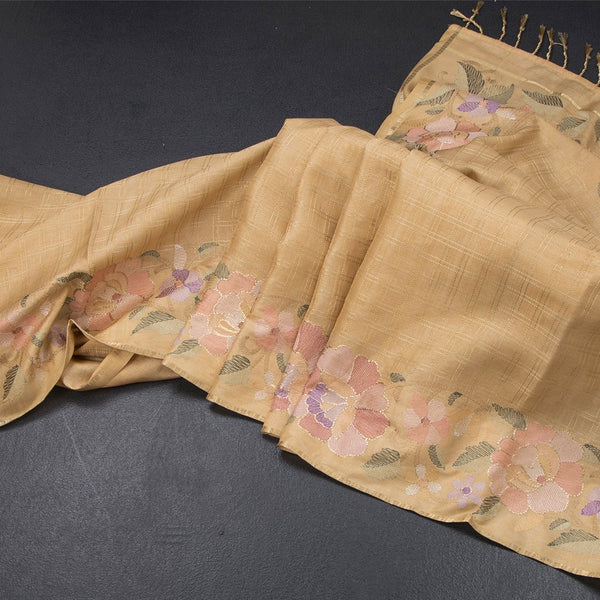 Raw Silk Sandal Zari Checked Saree And Floral Thread Border