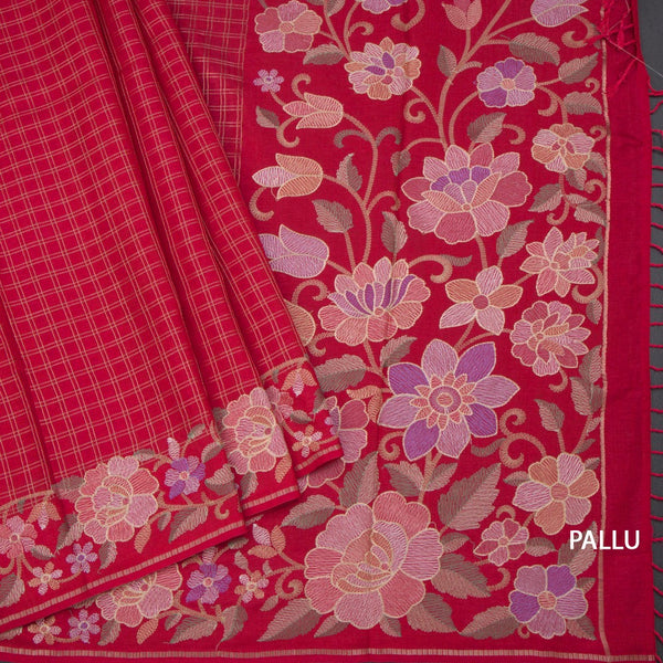 Raw Silk Red Zari Checked Saree And Floral Thread Border