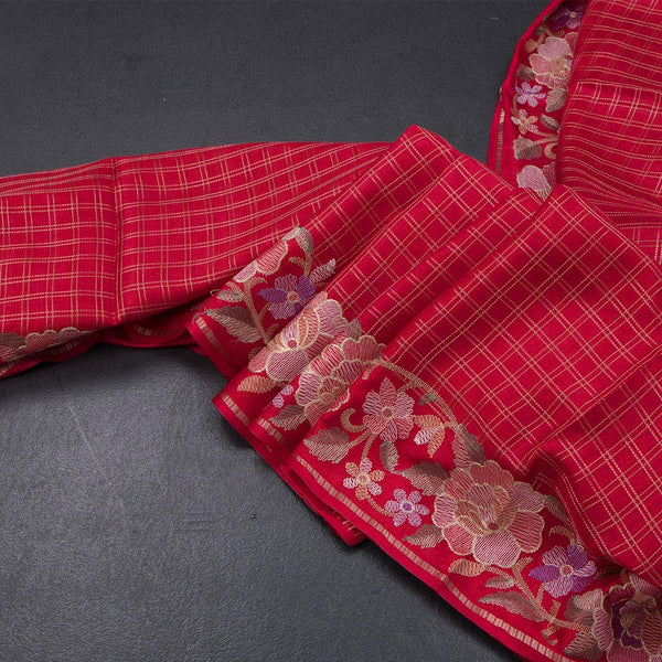 Raw Silk Red Zari Checked Saree And Floral Thread Border