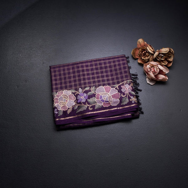 Raw Silk Dark Purple Zari Checked Saree And Floral Thread Border