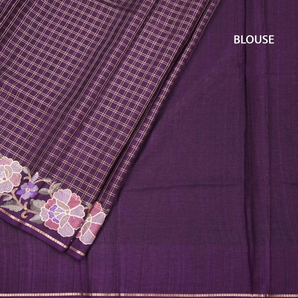 Raw Silk Dark Purple Zari Checked Saree And Floral Thread Border