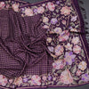 Raw Silk Dark Purple Zari Checked Saree And Floral Thread Border
