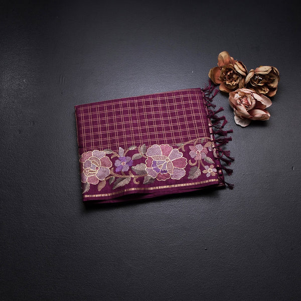 Raw Silk Wine Colour Zari Checked Saree And Floral Thread Border