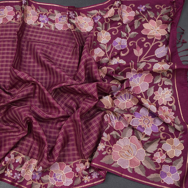 Raw Silk Wine Colour Zari Checked Saree And Floral Thread Border