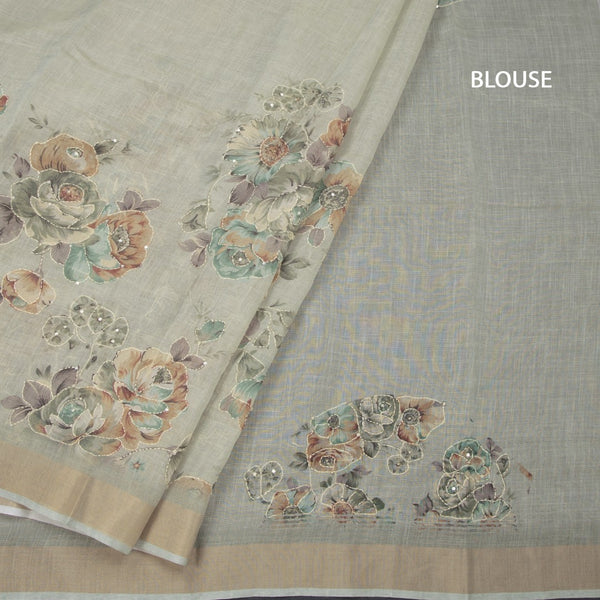 Linen Pista Green Saree With Floral Painted Sequence Work