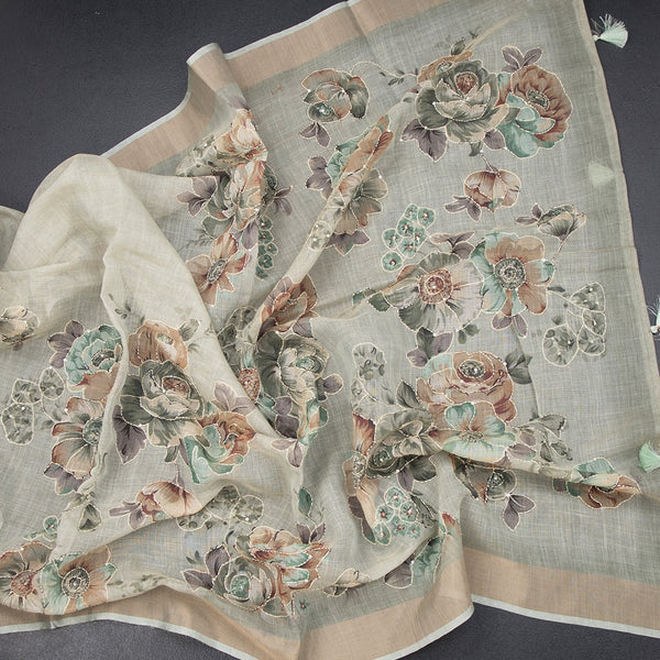 Linen Pista Green Saree With Floral Painted Sequence Work