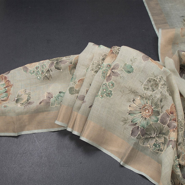 Linen Pista Green Saree With Floral Painted Sequence Work