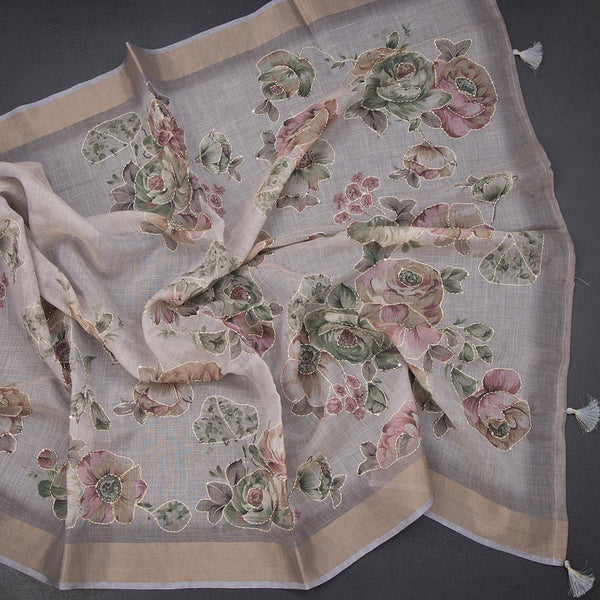 Linen Grey Saree With Floral Painted Sequence Work