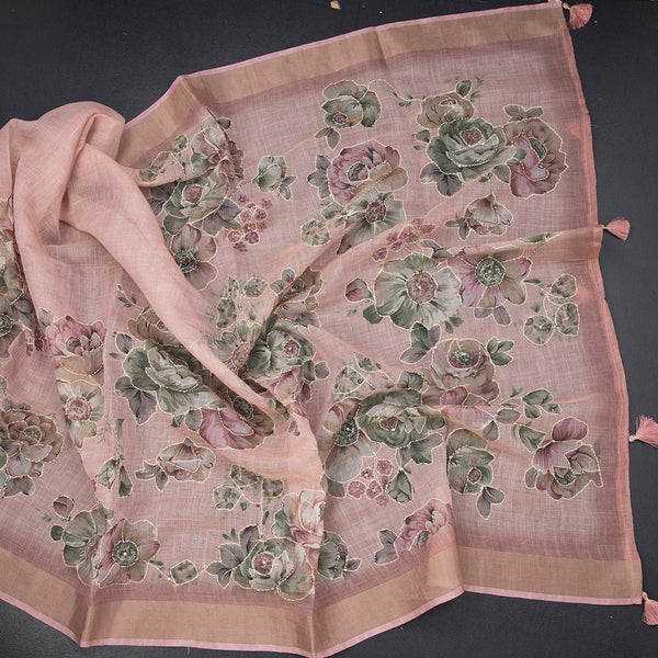 Linen Rose Pink Saree With Floral Painted Sequence Work
