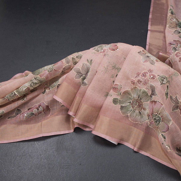 Linen Rose Pink Saree With Floral Painted Sequence Work