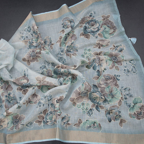 Linen Light Blue Saree With Floral Painted Sequence Work
