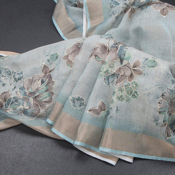 Linen Light Blue Saree With Floral Painted Sequence Work