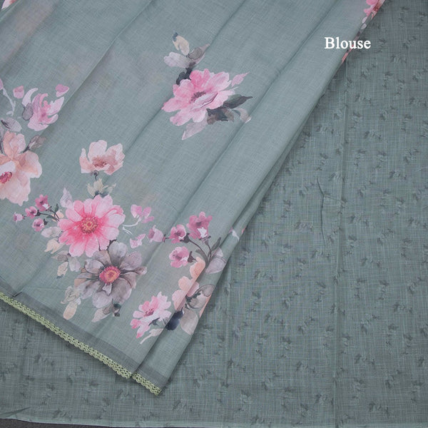 Semi Linen Sage Green Floral Printed Saree