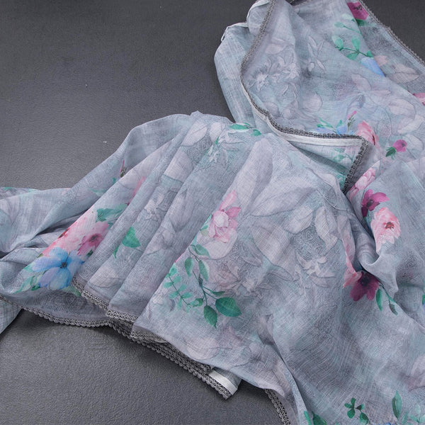 Semi Linen Grey Floral Printed Saree 07