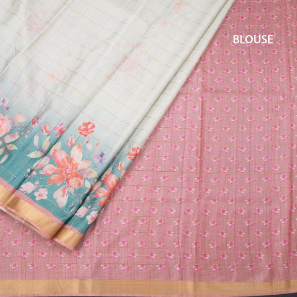 Raw Silk Pista Green Zari Checked With floral Printed Saree And Zari Border