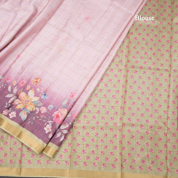 Raw Silk Baby Pink Zari Checked With floral Printed Saree And Zari Border