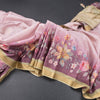 Raw Silk Baby Pink Zari Checked With floral Printed Saree And Zari Border