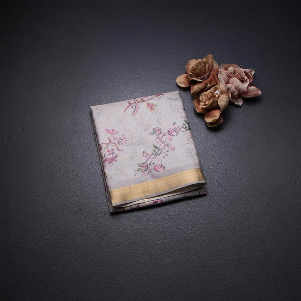 Raw Silk Cream Zari Checked With floral Printed Saree And Zari Border