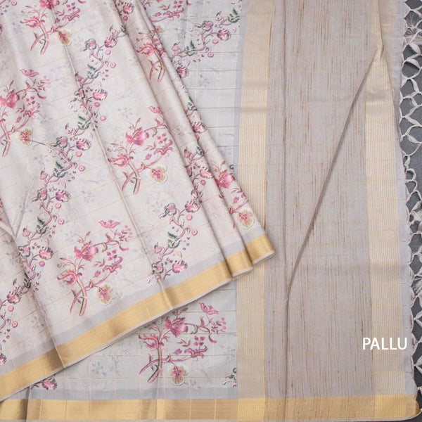 Raw Silk Cream Zari Checked With floral Printed Saree And Zari Border