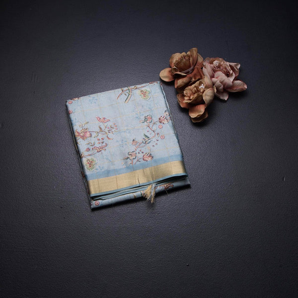 Raw Silk Sky Blue Zari Checked With floral Printed Saree And Zari Border