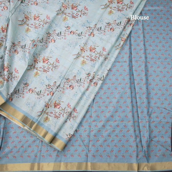 Raw Silk Sky Blue Zari Checked With floral Printed Saree And Zari Border