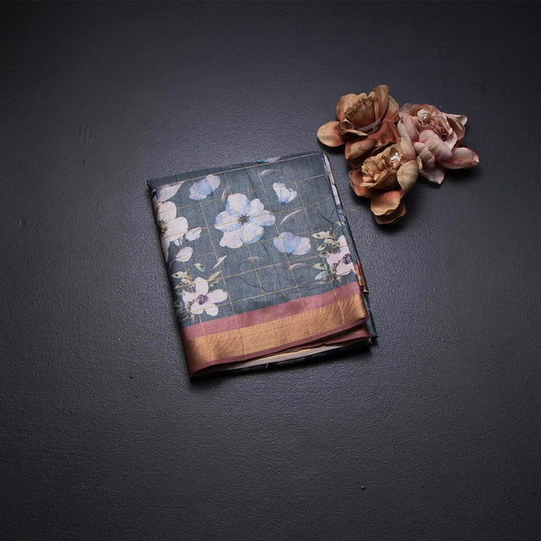 Raw Silk Dark Sage Green Zari Checked With floral Printed Saree And Zari Border