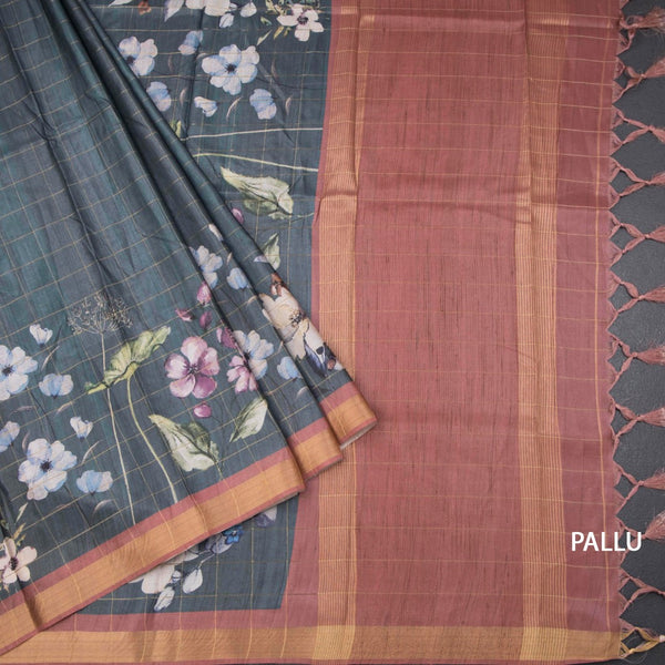 Raw Silk Dark Sage Green Zari Checked With floral Printed Saree And Zari Border