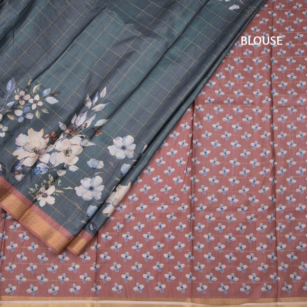 Raw Silk Dark Sage Green Zari Checked With floral Printed Saree And Zari Border