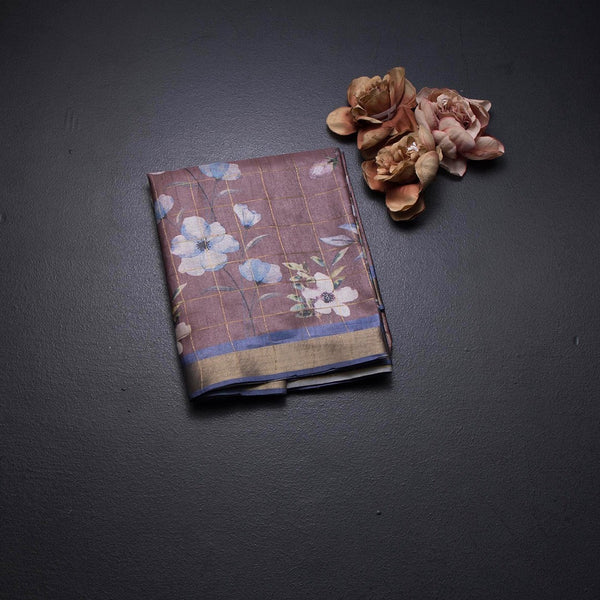 Raw Silk Cinnamon Brown Zari Checked With floral Printed Saree And Zari Border