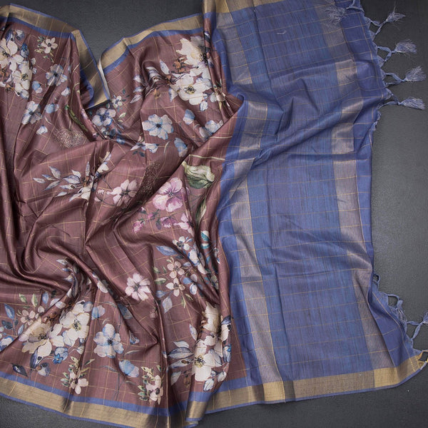 Raw Silk Cinnamon Brown Zari Checked With floral Printed Saree And Zari Border