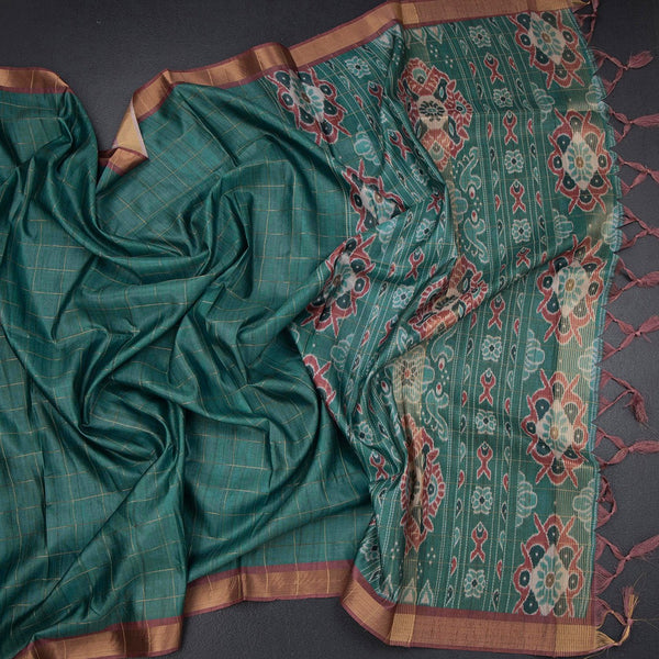 Raw Silk Jade Green Zari Checked Saree And Zari Border