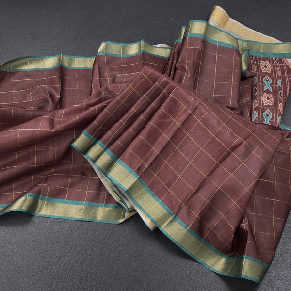 Raw Silk Cinnamon Brown Zari Checked Saree And Zari Border