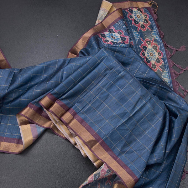 Raw Silk Blue Zari Checked Saree And Zari Border
