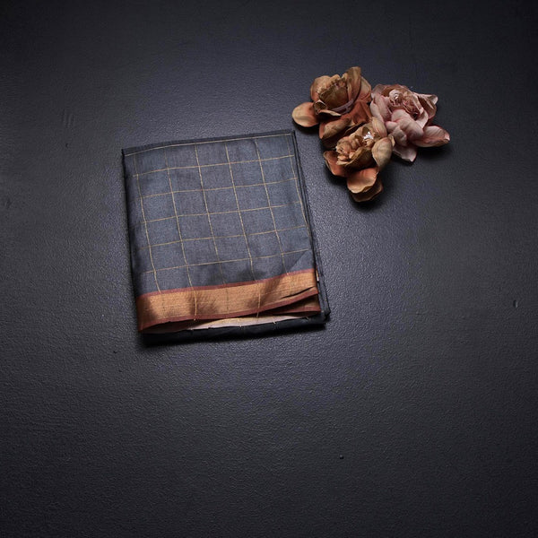 Raw Silk Grey Zari Checked Saree And Zari Border