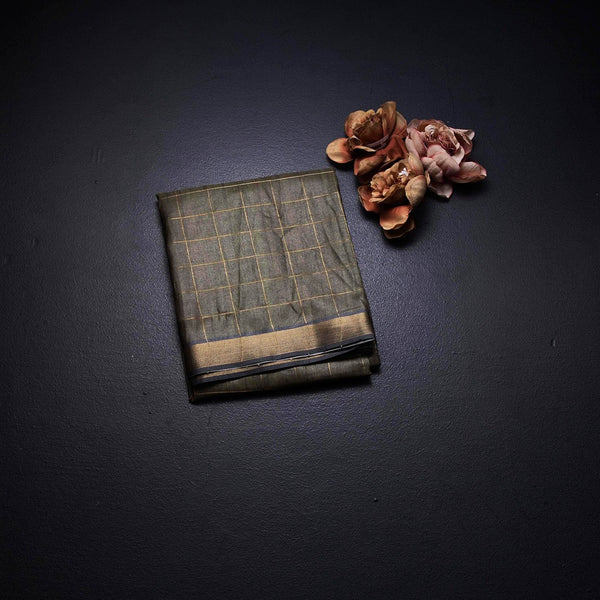 Raw Silk Olive Green Zari Checked Saree And Zari Border