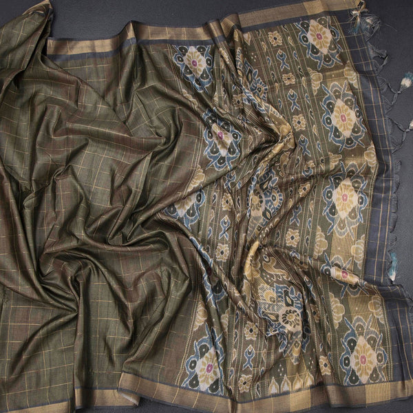 Raw Silk Olive Green Zari Checked Saree And Zari Border