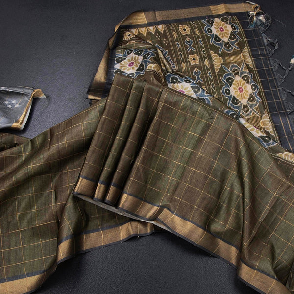 Raw Silk Olive Green Zari Checked Saree And Zari Border