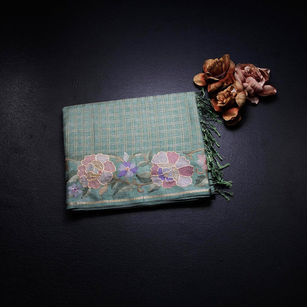 Raw Silk Pista Green Zari Checked Saree And Floral Thread Border