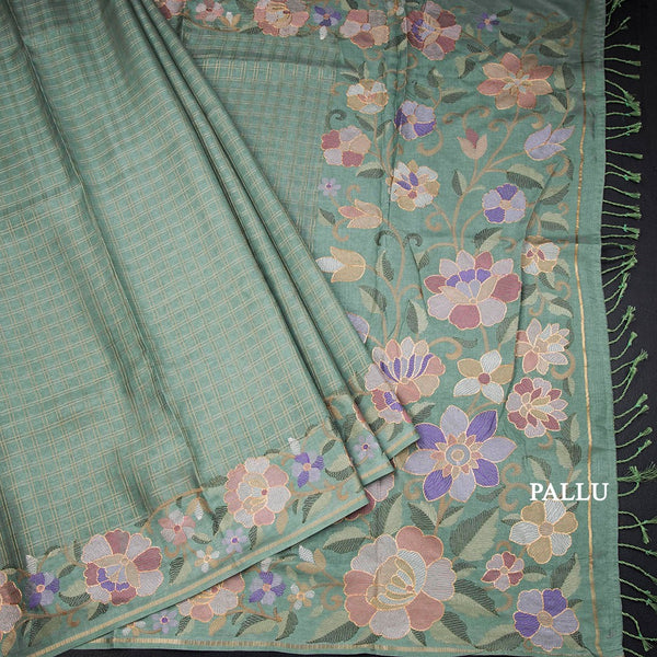 Raw Silk Pista Green Zari Checked Saree And Floral Thread Border