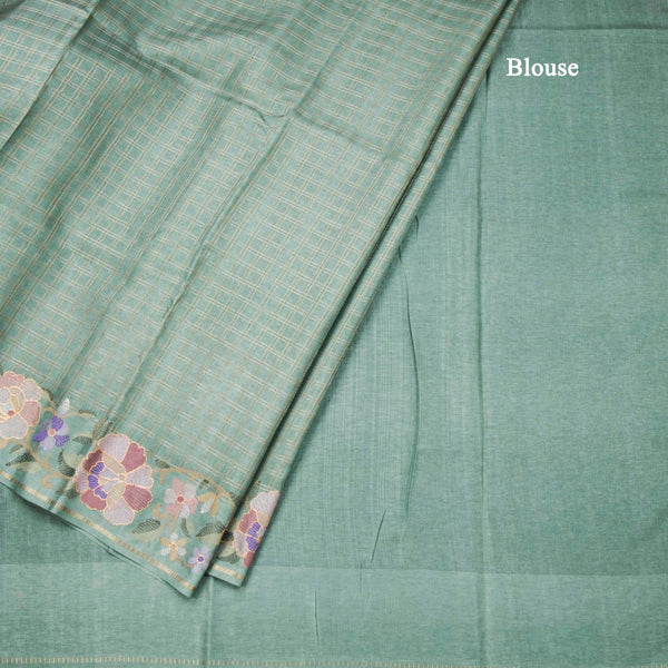 Raw Silk Pista Green Zari Checked Saree And Floral Thread Border